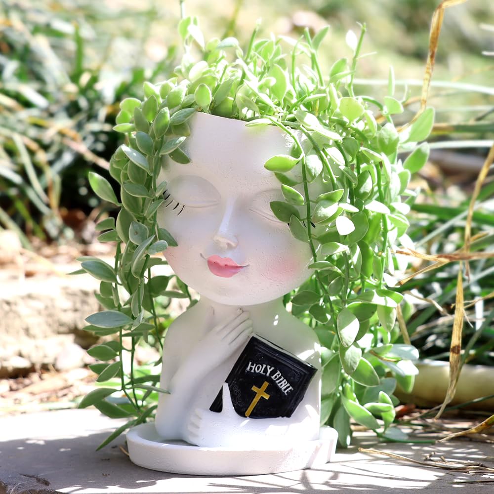 Meltset M Face Planters Pots Head for Indoor Outdoor Plant Unique Head Planter Holding Book Confessional Girl Face Flower Pot with Drainage for Succulent Cactus String Of Pearls Plant Gift Idea(White)