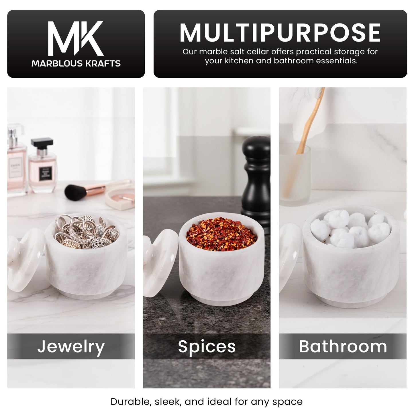 MARBLOUS KRAFTS Set of 3 Marble Salt Cellars with Lids 3" Inch White Salt Holders for Kitchen, Dining, Spices, or Gifts, Modern, Practical Storage for Salt & Spices in Any Kitchen or Dining Room.