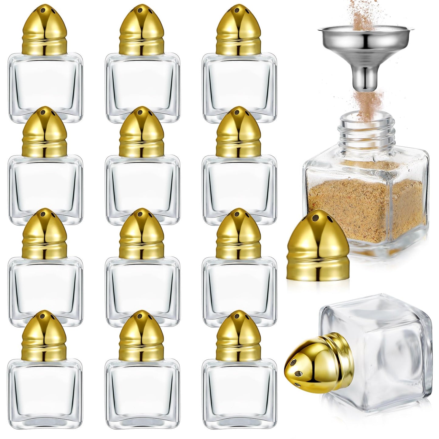 Uiifan 12 Pcs 0.5 oz Cube Shape Small Salt and Pepper Shakers with Tone Tops Clear Mini Glass Seasoning Jars Spice Salt Shakers with Funnel for Wedding Party Restaurant Home Kitchen (Gold)