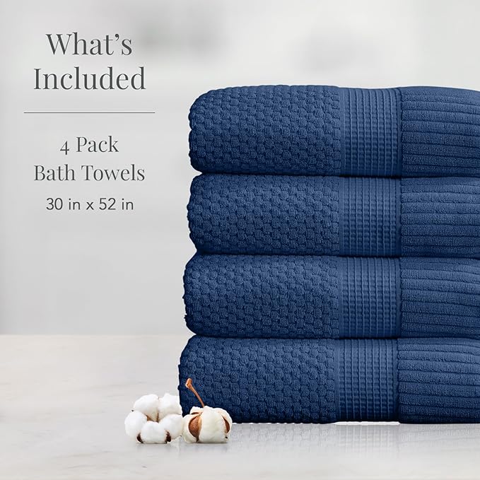NY Loft 100% Cotton 4 Pack Bath Towel Set| Navy Bath Towels | Super Soft &