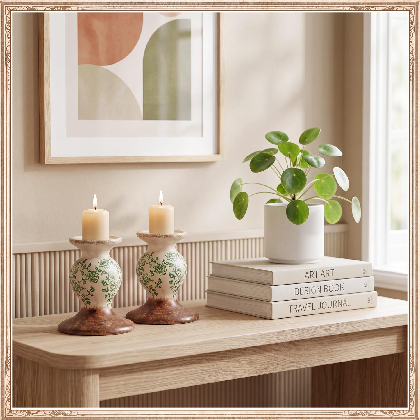 Patelai 2 Pcs Terracotta Pillar Candle Holders Floral Sculptural Taper Candlestick Rustic Farmhouse Decorative Candleholders Pedestal Stand for Table Centerpiece Wedding Home Tabletop Decor