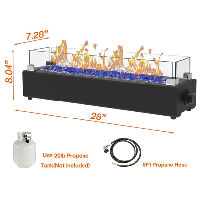 28-inch Table Top Propane Fire Pit, 40,000 BTU Tabletop Firepit for Patio, Outdoor Portable Rectangular Fire Bowl w/Wind Glass Shield, Glass Rocks - Black