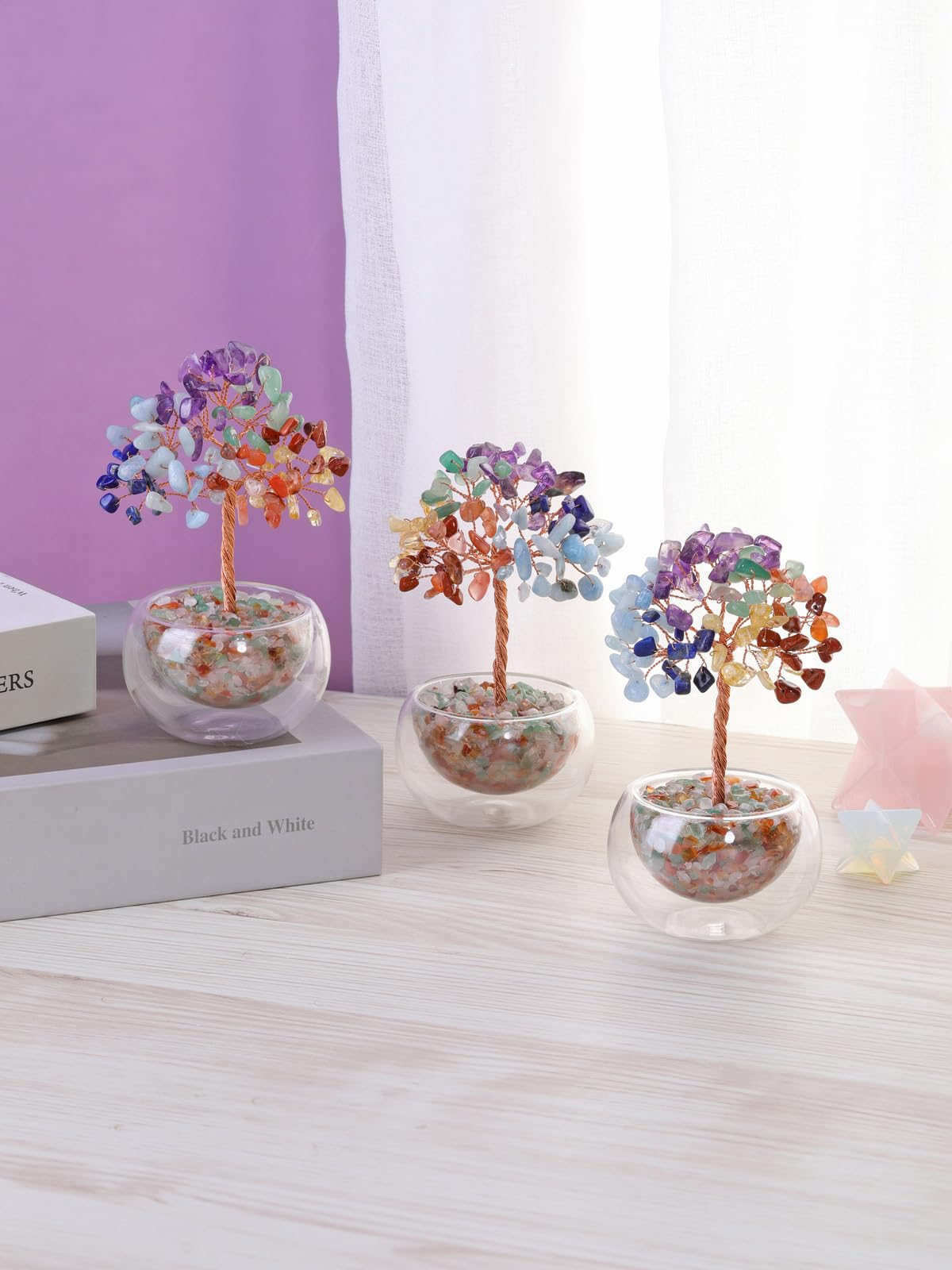 Jovivi 7 Chakra Crystal Trees Hollow Glass Base,4.72"-5.12" Natural Gemstone Healing Crystals Tree of Life Bonsai Money Tree for Home Office Table Decor Wealth and Luck