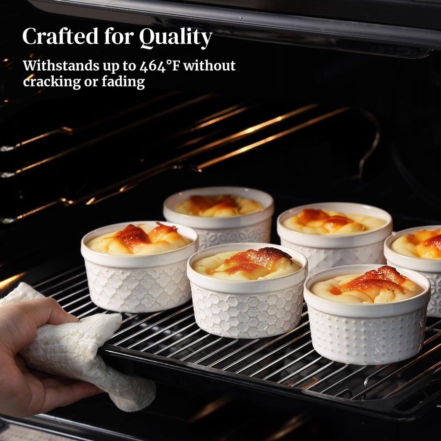 Dowan Ramekins 4 oz Oven Safe Set of 6, Arctic White Porcelain Baking Bowls and Ceramic Condiment Cups for Creme Brulee, Souffle, Pudding, Custard, Dipping Sauce and Small Charcuterie Boards
