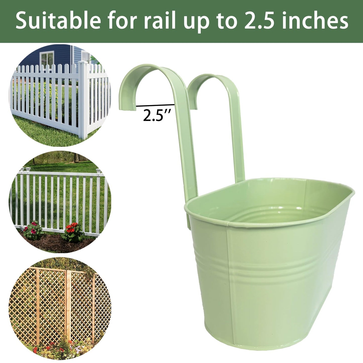 Joyfernal Balcony Hanging Planters Flower Pots, 10" Metal Flower Pots for Outdoor Balcony Rails, Fence Pot Hanging Plant Holders with Detachable Hooks for Garden Patio Yard Decor (Mint Green, 2Pcs)