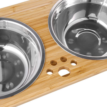 FOREYY Raised Dog Bowls for Cats and Dogs - Bamboo Elevated Dog Cat Food and Water Bowls Stands Feeder Dishes with 2 Stainless Steel Bowls and Anti Slip Feet (Small - 10 cm high)