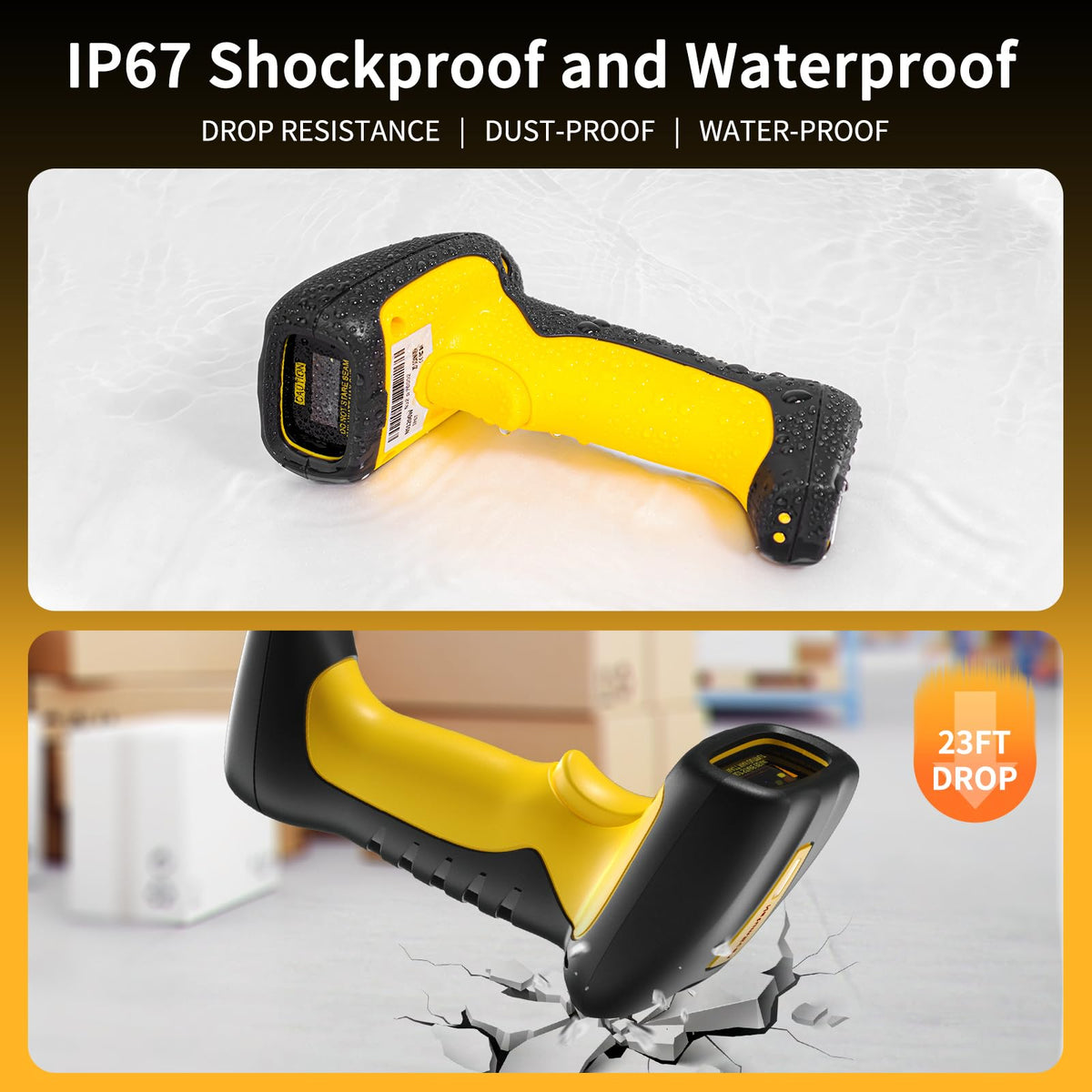 NetumScan Industrial Bluetooth QR Barcode Scanner, IP67 Waterproof & 7M Drop Proof, 1.3M CMOS Sensor Wireless 1D 2D Bar Code Scanner with Charging Stand for Store, POS, Computer, iPhone, Android