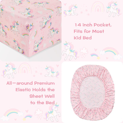 lasoftan Kids Sheet Set Twin Size 3 Pcs, Girls Sheet Set with Pink Unicorn Pattern，Kids Girls Twin Fitted Sheet，Breathable & Silky Soft Microfiber Fitted Sheet