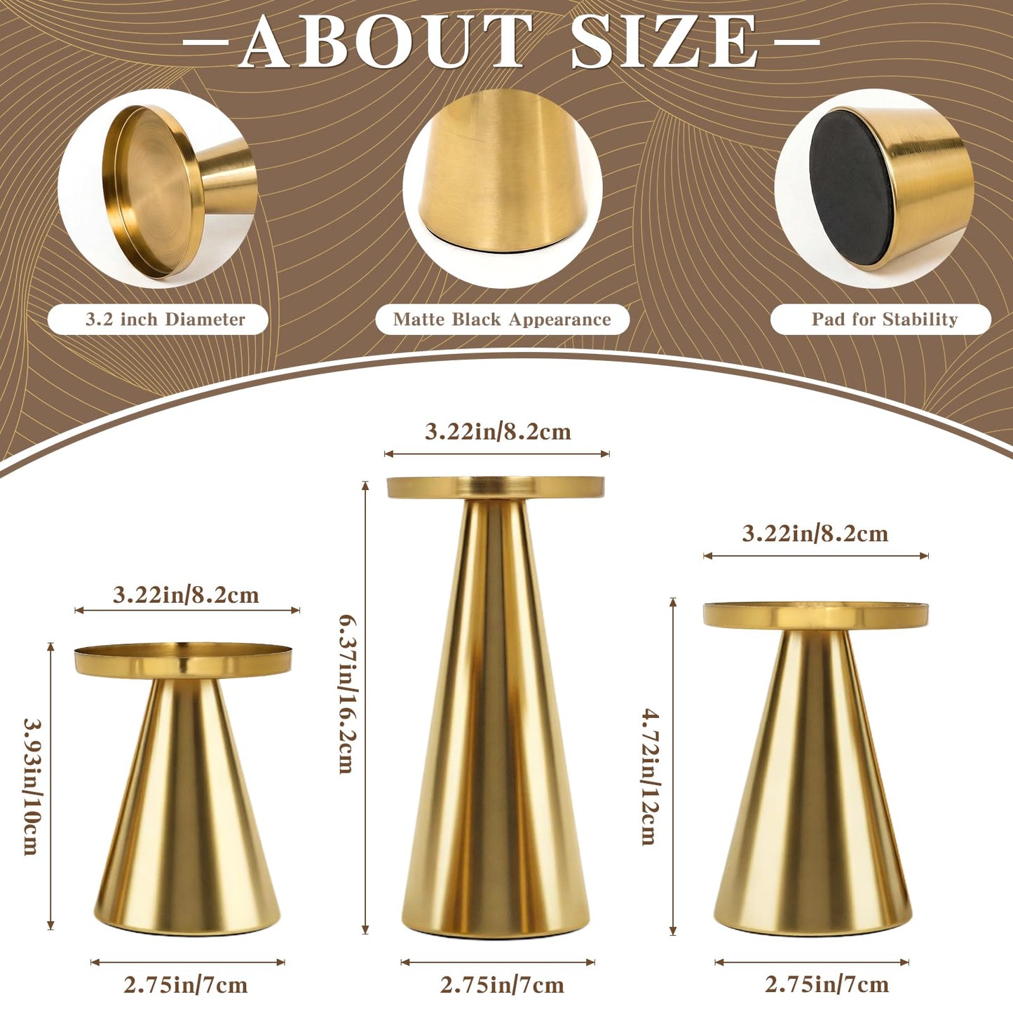 Gold Iron Plate Candle Holder Set of 3-4 & 4.7 & 6.4 Inch Tall, Decorative Iron Pillar Candle Plate, Elegant Candle Stand for LED & Wax Candles, Incense Cones, Spa, Weddings (Candles Not Including)