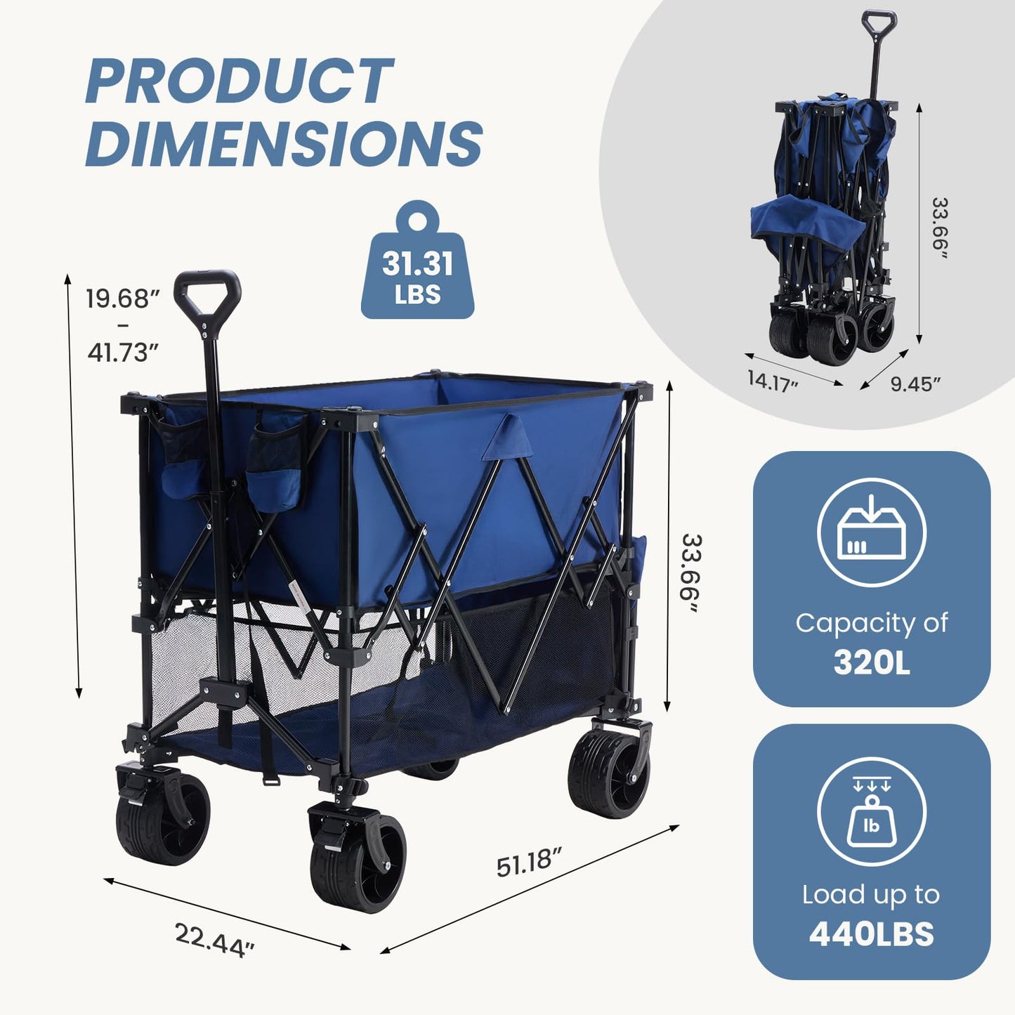 DUMOS 440LBS Heavy Duty Double Decker Wagon with 51IN Extender, 400L Large Capacity Collapsible Garden Cart, All-Terrain 7IN Wheels with Brakes, Foldable Utility Wagon for Shopping, Camping, Blue