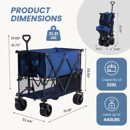 DUMOS 440LBS Heavy Duty Double Decker Wagon with 51IN Extender, 400L Large Capacity Collapsible Garden Cart, All-Terrain 7IN Wheels with Brakes, Foldable Utility Wagon for Shopping, Camping, Blue