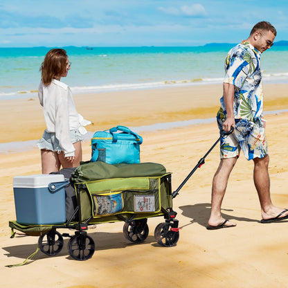 Timber Ridge 47" L Collapsible Wagon with Tailgate & Brake, 300 lbs Heavy Duty Beach Wagon with All-Terrain Big Wheels, 250L Foldable Utility Cart for Sand Camping Sports Shopping, Green