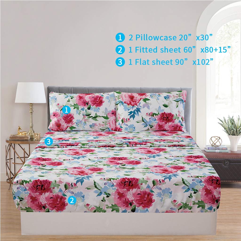 JSD Watercolor Rose Floral Sheet Set Queen Size, 4 Piece Soft Printed Microfiber Sheets Extra Deep Pocket