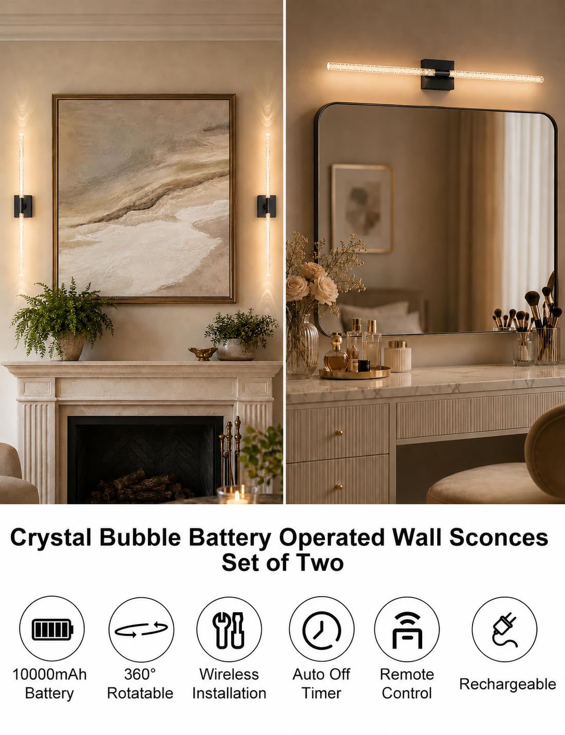 Crystal Bubble Battery Operated Wall Sconces Set of 2: 10000mAh Rechargeable Wall Lights with Remote, 360° Rotate 4CCT Modern Wireless Wall Lighting for Hallway Bathroom Bedroom Living Room Mirror