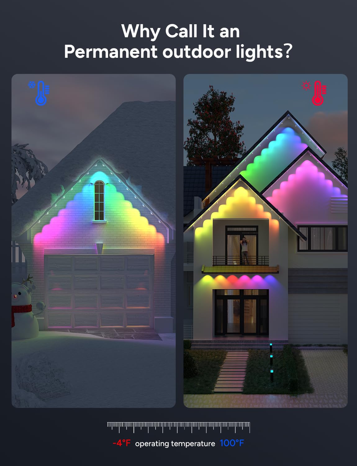 Isablelala Permanent Outdoor Lights, 100ft with 60 RGB LED Lights for Christmas and Daily, 49 Scene Modes+DIY for Christmas Decor, IP66 Waterproof for Outdoor, Compatible with Alexa, Google Assistant