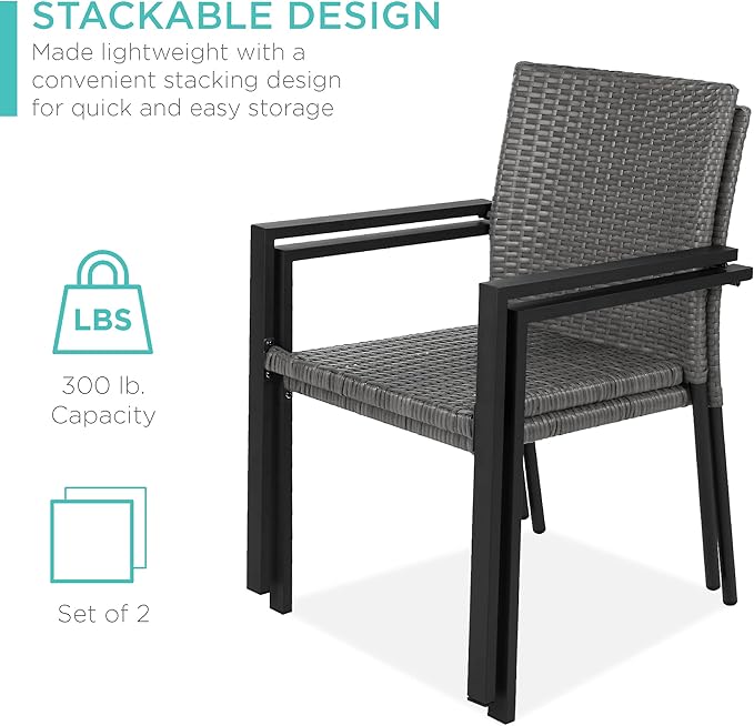 Best Choice Products Set of 2 Stackable Outdoor Wicker Dining Chairs All-Weather Firepit Armchair w/Armrests, Steel Frame for Patio, Deck, Garden, Yard - Gray