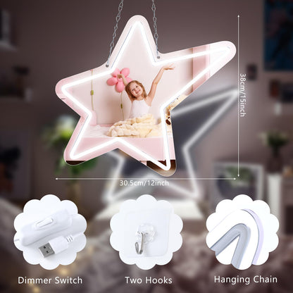 Bucherry Star Neon Mirror Sign, Star Room Mirror, USB LED Light, White, 12"x15", Decorative Wall Decor, Ideal for Bedroom, Party, Studio, Store, Gift