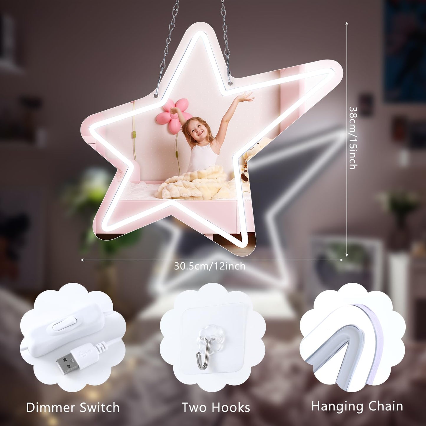 Bucherry Star Neon Mirror Sign, Star Room Mirror, USB LED Light, White, 12"x15", Decorative Wall Decor, Ideal for Bedroom, Party, Studio, Store, Gift