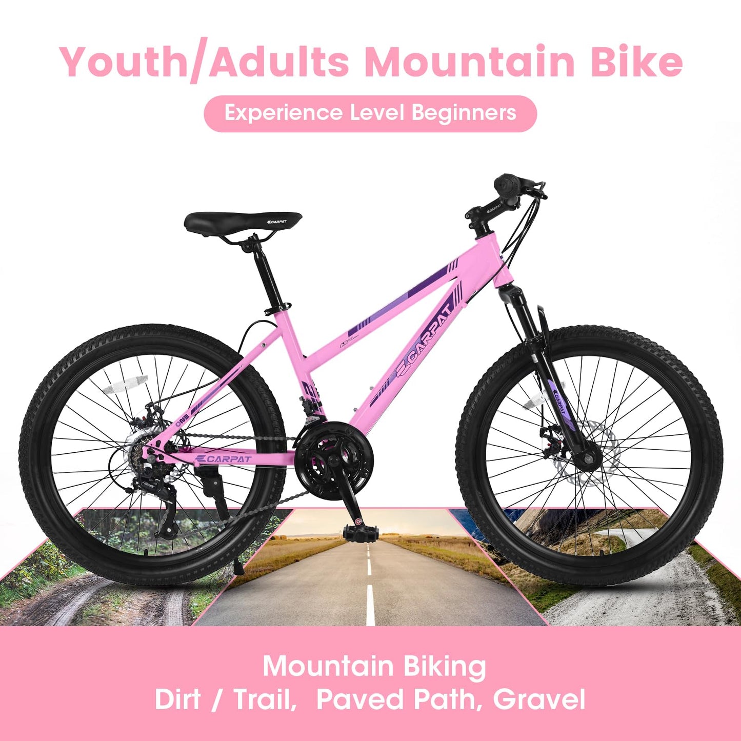 Ecarpat Women's Mountain Bike 24/26 Inch Wheels, 21-Speed Trail Commuter City Mountain Bikes, 15"/17" Carbon Steel Frame Female Bicycles Disc Brakes Front Fork