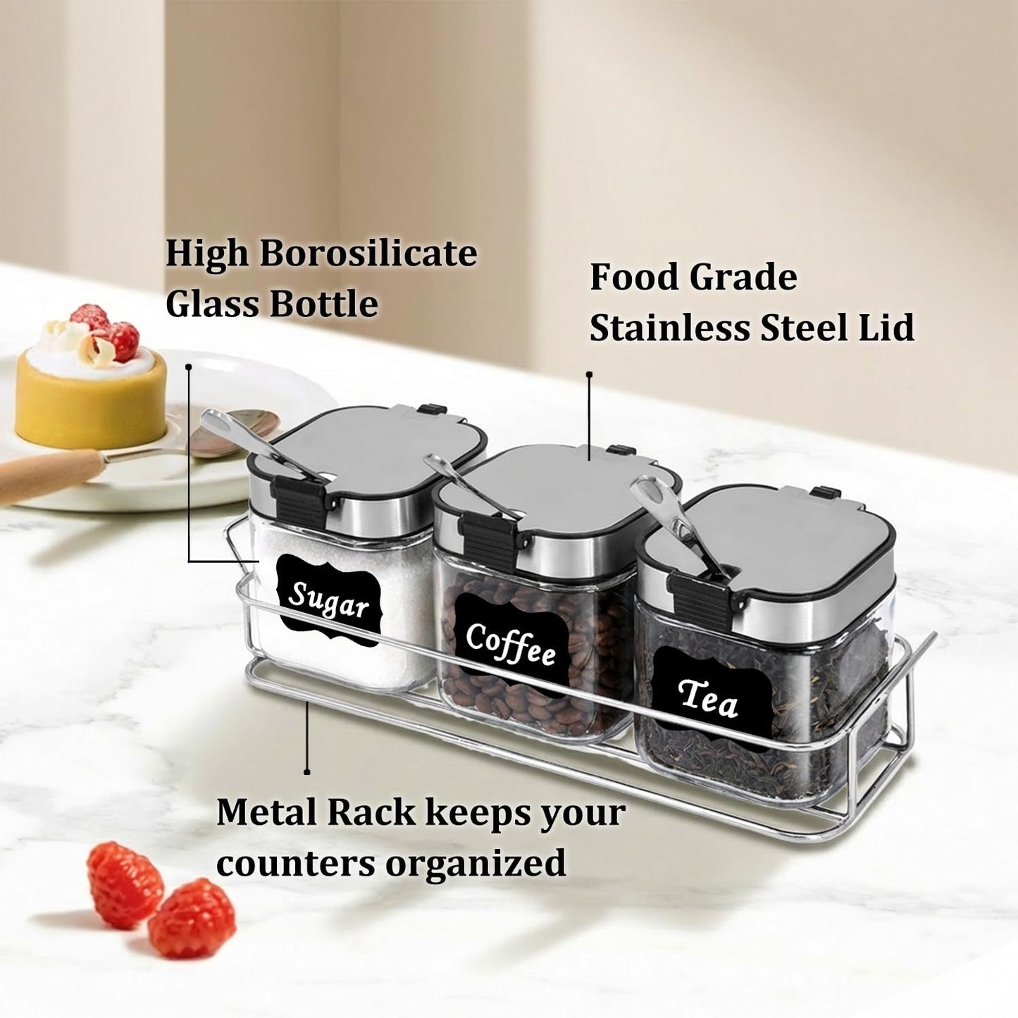 Aelga Glass Sugar Canister Set with Lid, Spoons and Rack, 3 Pack Sugar Container for Coffee Bar, Stainless Steel Flip-Top Lid, Salt and Spice Jar for Kitchen Countertop, Coffee Bar Accessories