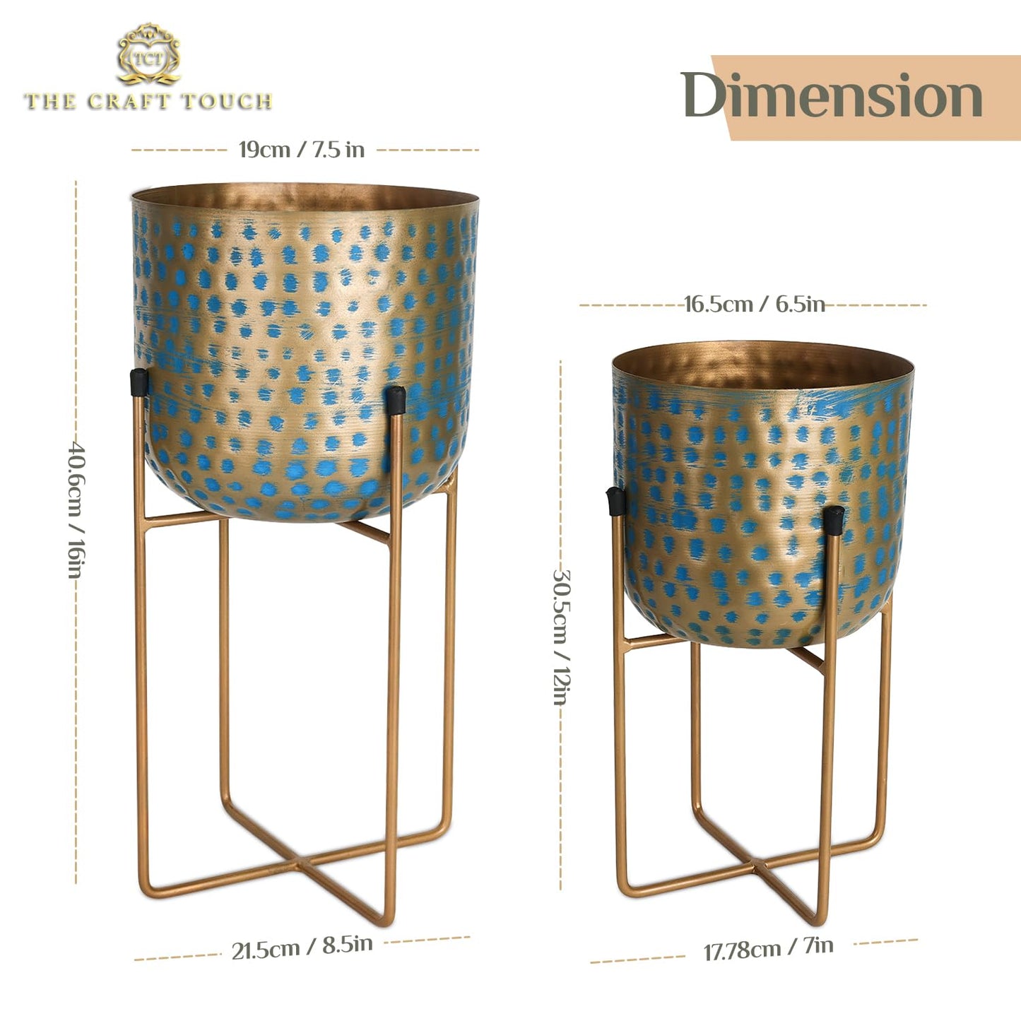 The Craft Touch Set of 2 Metal Planters with Stands – 16″ & 12″ Decorative Flower Pots for Indoor & Outdoor Plants | Rustic Home & Garden Décor for Living Room, Patio, Balcony, Housewarming Gift