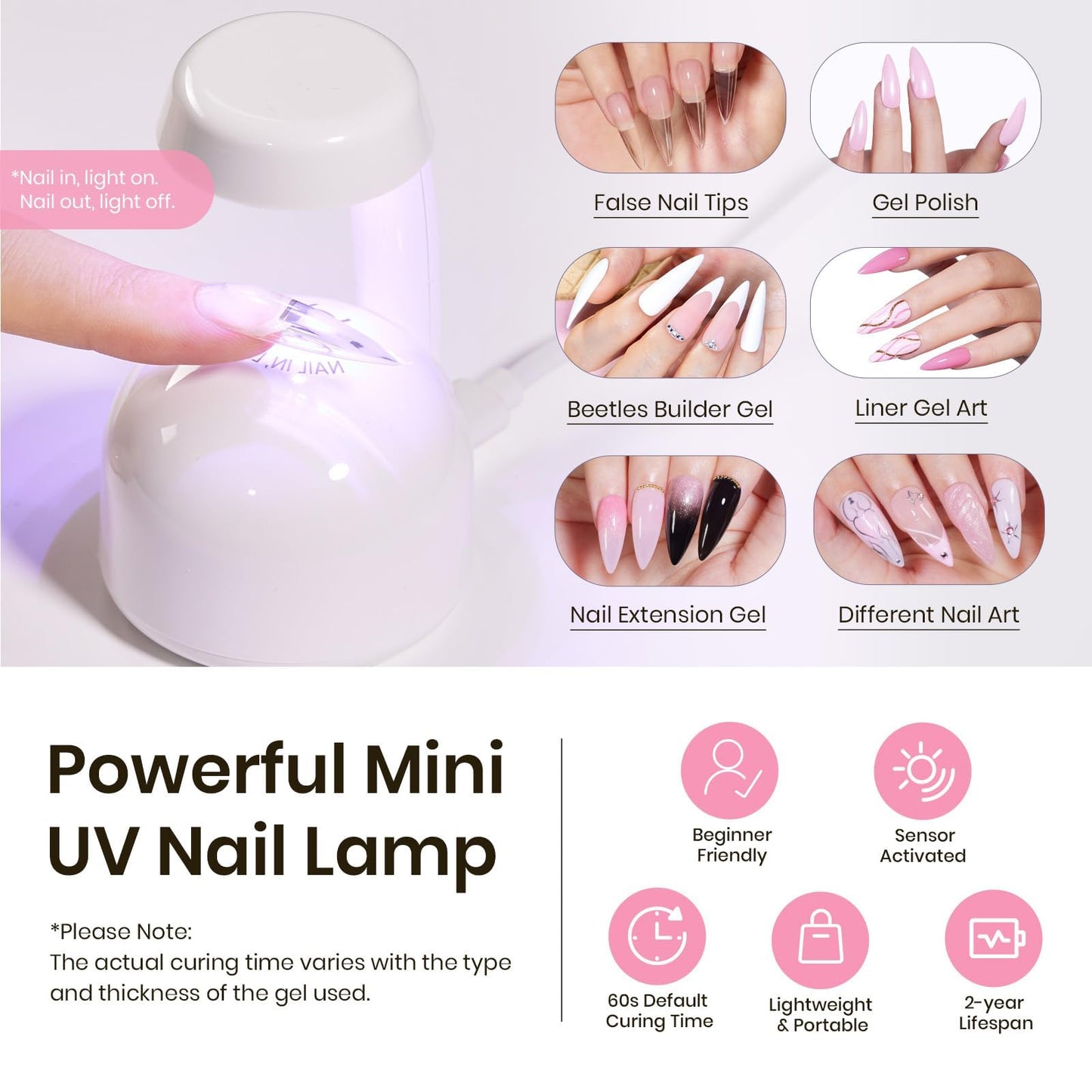 Beetles Tipex Instant Apex Nail Tips Kit, Coffin Long 224Pcs 16 Sizes Pre-Building & Pre-Etched Thicker Acrylic Nails False Nail Extension with Tipex Nail Glue Mini Nail Lamp