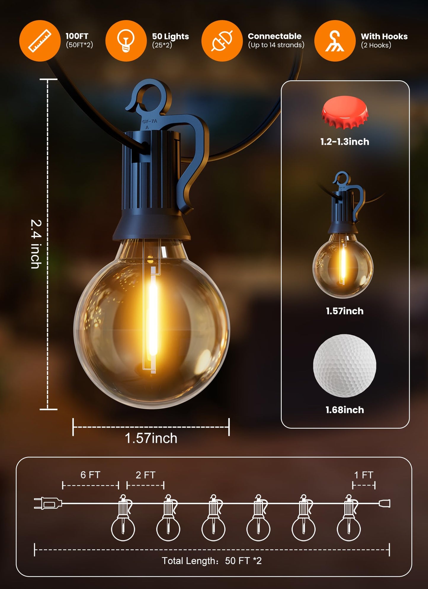 SmartDawn 100FT 52 LED Bulbs Outdoor String Lights, G40 Shatterproof String Lights, IP65 Waterproof Connectable Outside Patio Light for Backyard Porch Balcony Garden Decor Christmas Camping Gazebo