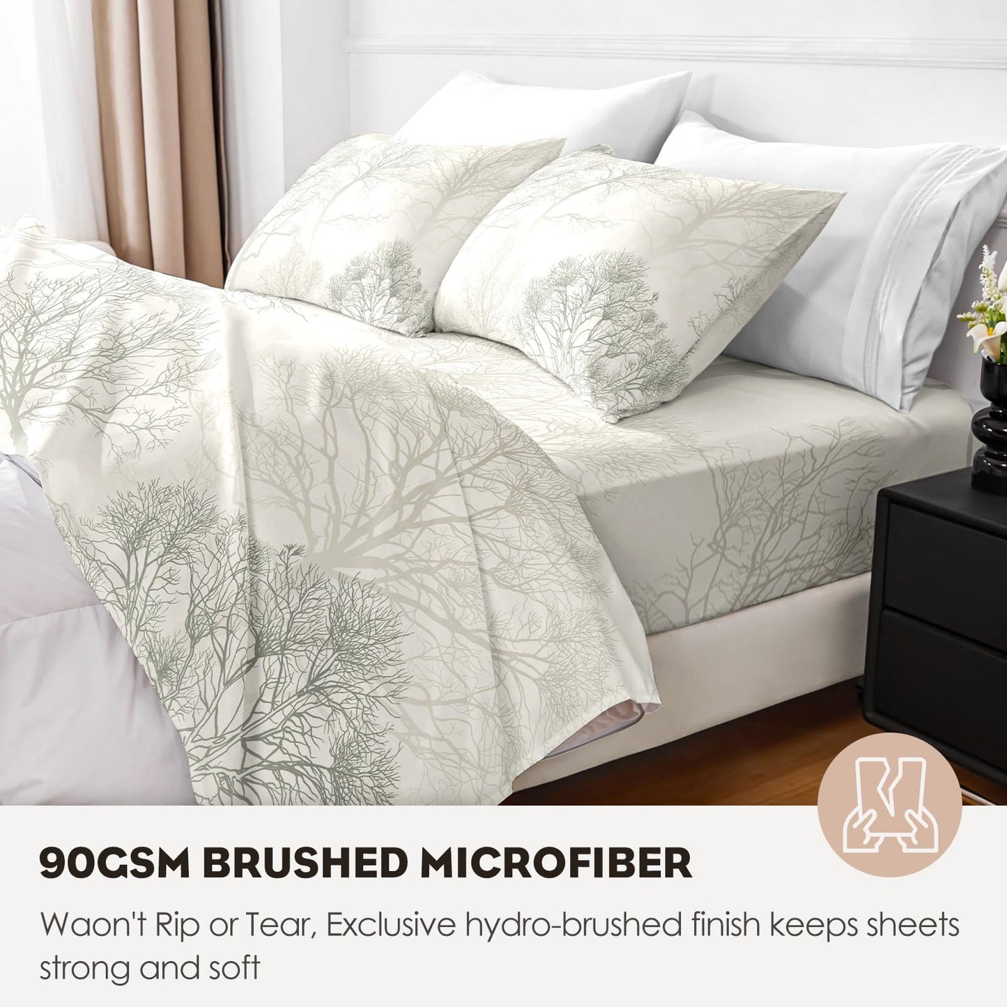 HCORA Floral Queen Sheet Set, Luxury 1800TC Hotel Quality Double Brushed Microfiber Deep Pocket Bed Sheets, Ultra Soft, Breathable and Cooling, 4PC, Queen Size