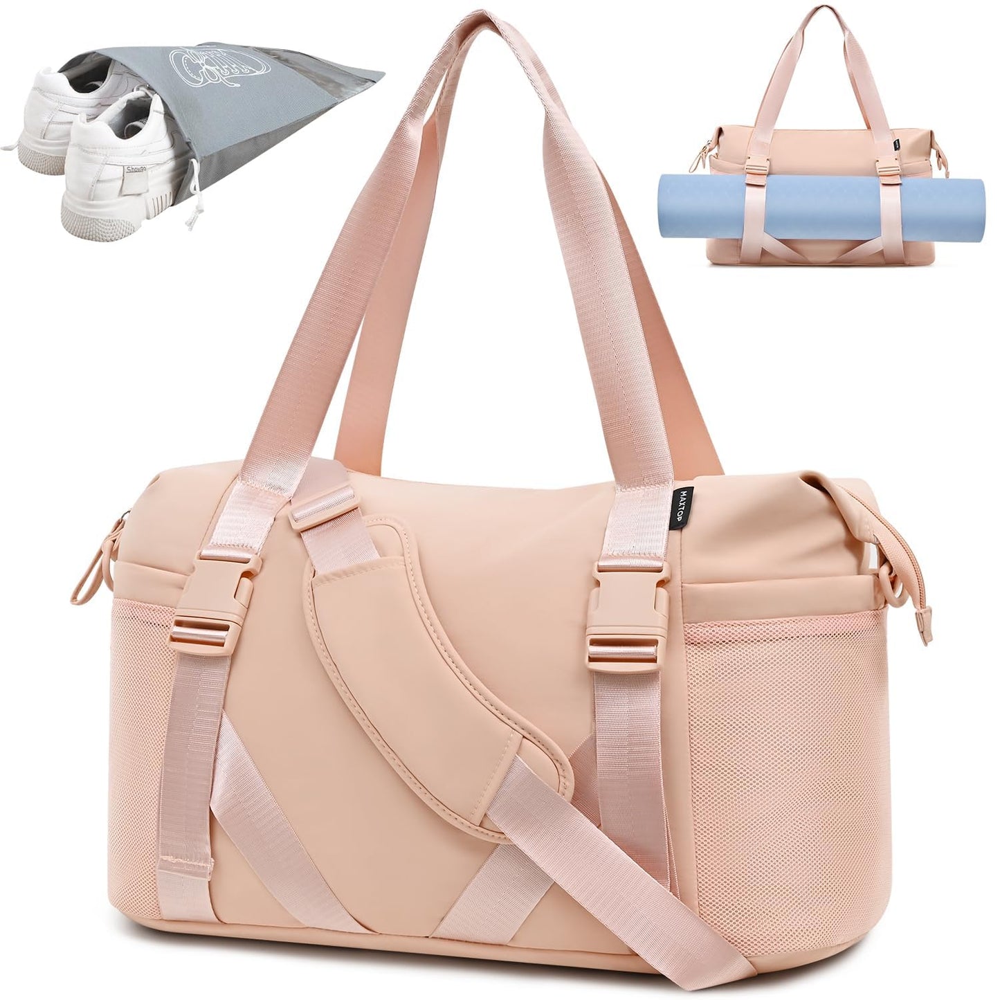MAXTOP Gym Tote Bag for Women Pink Travel Duffle Bag with Yoga Mat Holder, Ideal for Yoga Accessories Workout Overnight Gymnastics Exercise Dance