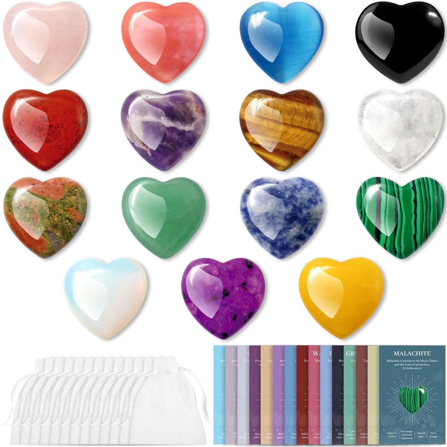 15Pcs Heart Crystals and Healing Stones Bulk, 0.8" Natural Polished Heart Shaped Rocks Gemstones with Meaning Cards for Meditation Balancing Chakra Reiki Spiritual Valentines Mother's Day Gifts