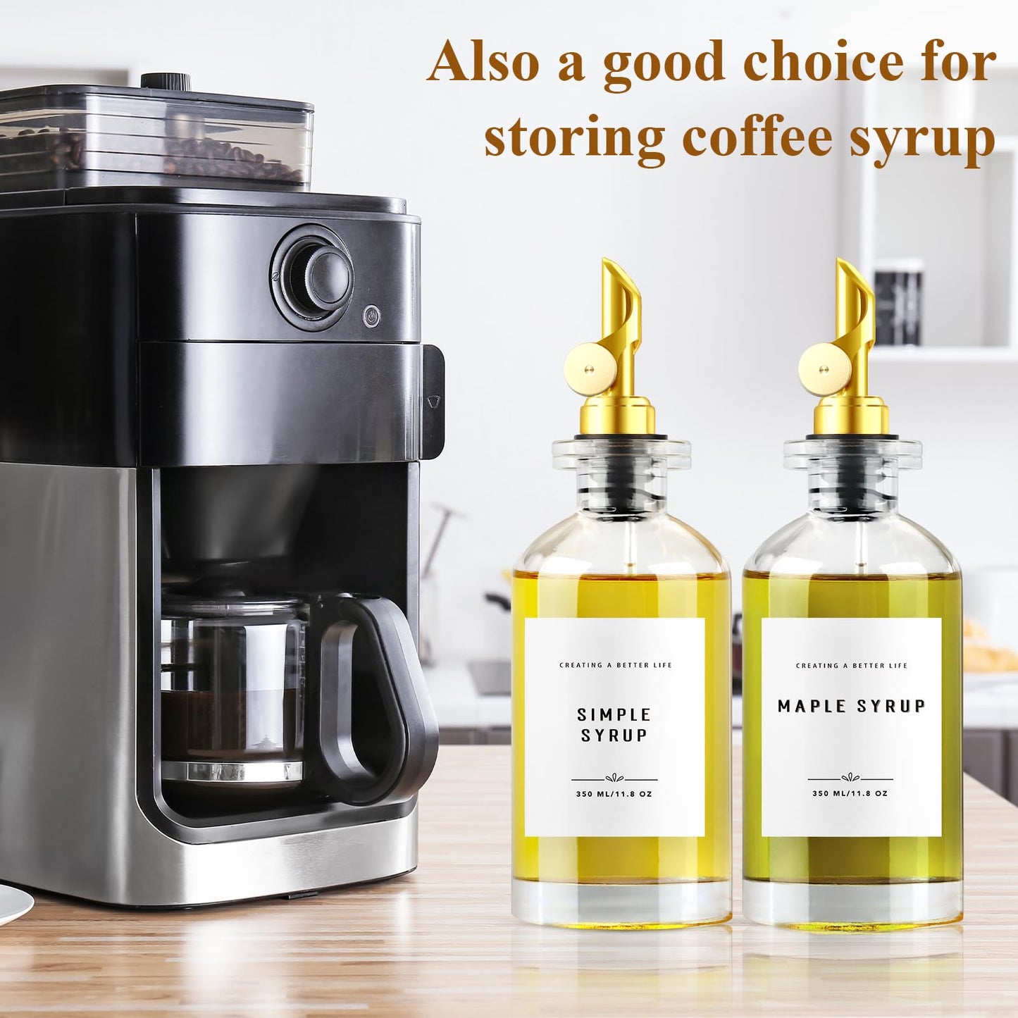 GIXSEGIE Olive Oil Dispenser Bottle with Bamboo Tray, Metal Pour Spout, Coffee Syrup & Cooking Oil Dispenser for Kitchen