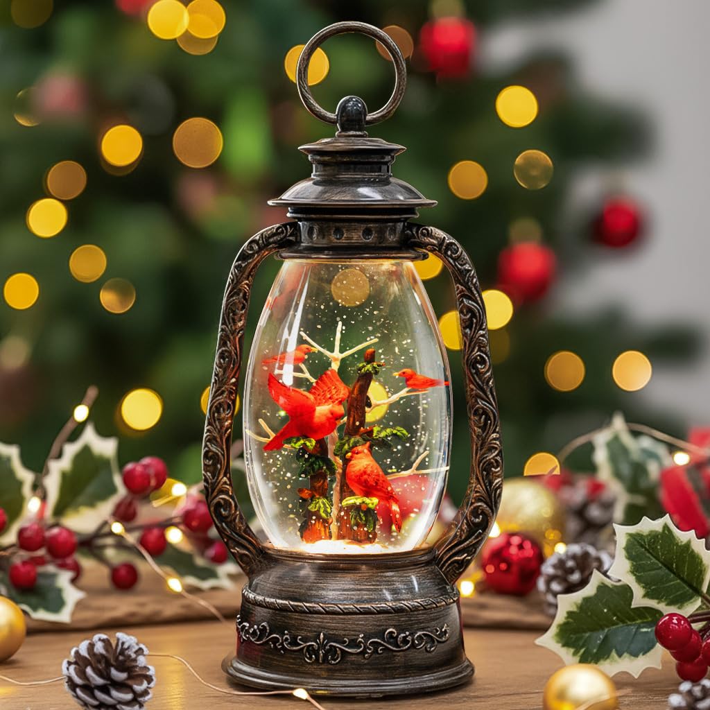 12" Christmas Snow Globe Lantern, Red Bird Music Box, Spinning Snowflake Glitter Water Lamp, USB and Battery Powered Christmas Decoration
