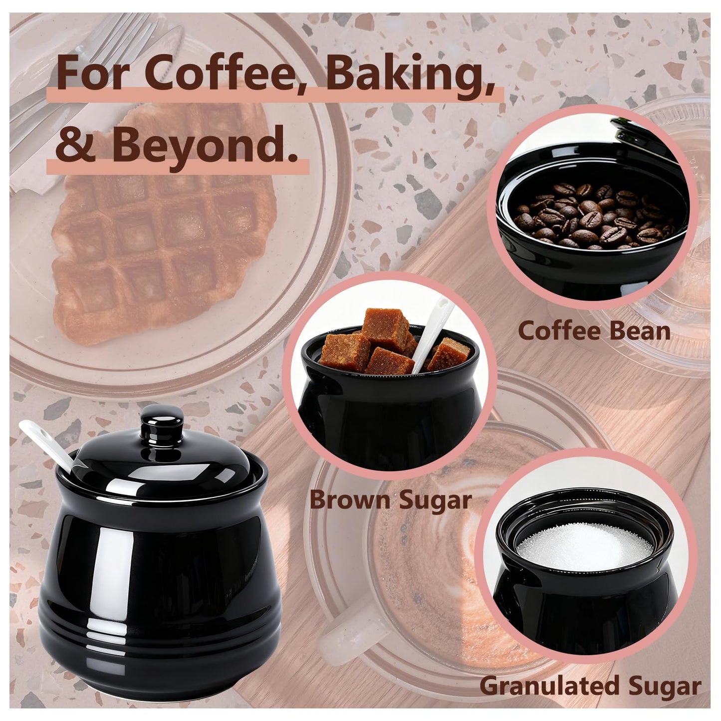 Fcreimd Sugar Bowl Ceramic Sugar Jar, Sucrier 12 oz Sugar Container with Lid and Spoon (Black)