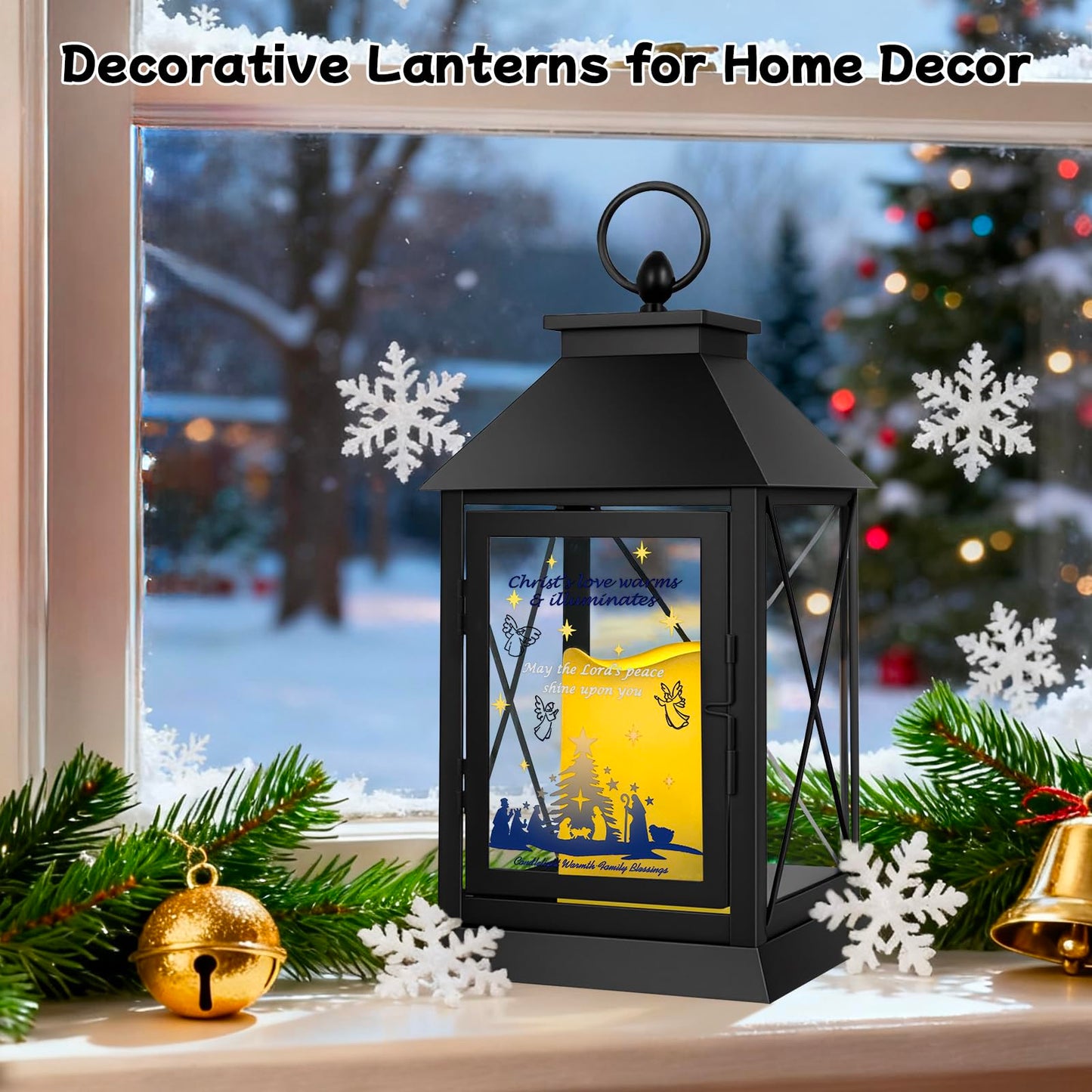 Christmas Candle Lantern Metal with LED Flickering Flameless Candles Light Xmas Decoration Lantern Indoor Outdoor Decorative for Table Home Decor Party Gift (Religion)