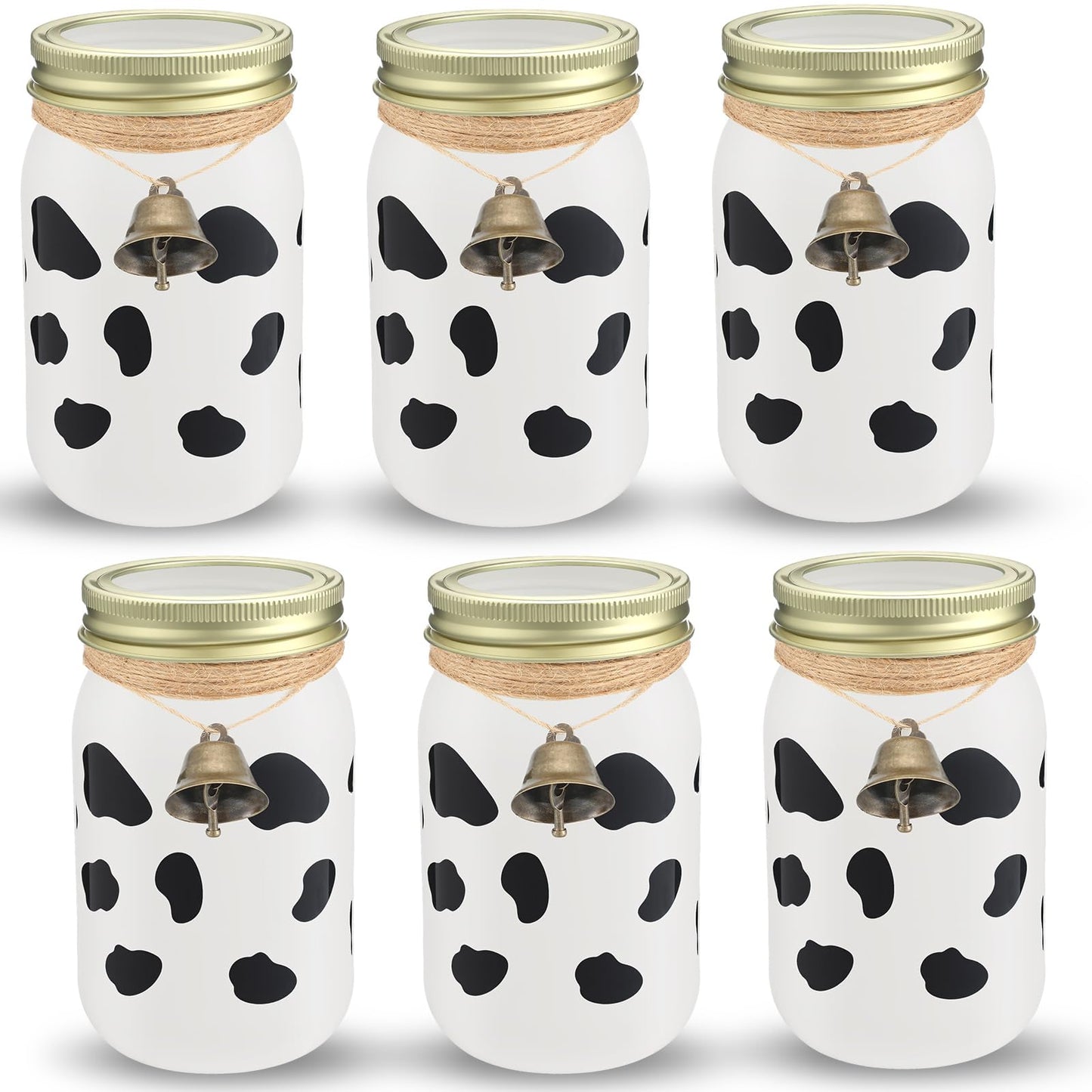 Chunful 6 Pcs Western Cowboy Mason Jars Centerpieces with Brass Bells for Table Cowboy Baby Shower Decorations Cow Print Western Theme Party Baby Shower Table Centerpieces