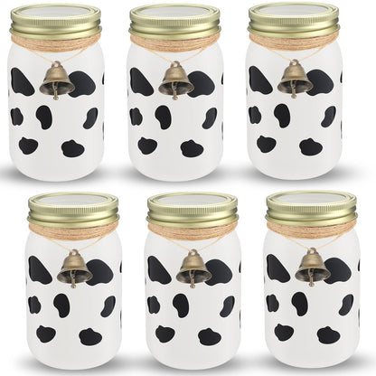 Chunful 6 Pcs Western Cowboy Mason Jars Centerpieces with Brass Bells for Table Cowboy Baby Shower Decorations Cow Print Western Theme Party Baby Shower Table Centerpieces