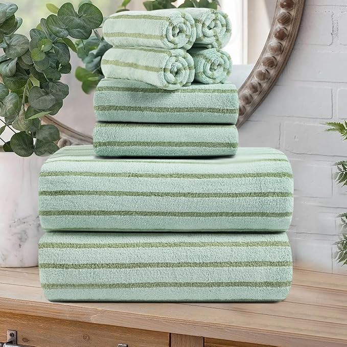 Oliven 8 Pcs Green Cabana Stripe Large Bath Towel Set Oversized Bath Sheet-2