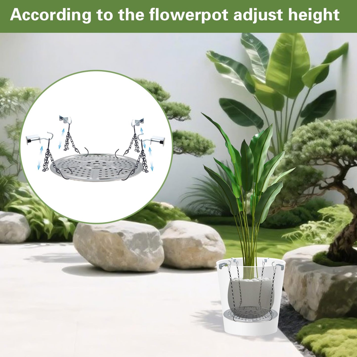 HaoGludi 2 Pack Adjustable Height Planter Inserts for Large Pots, 9" Stainless Steel Plant Pot Insert with Chains, Soil-Saving Planter Filler Support for Tall & Short Pots, Use Less Potting Soil