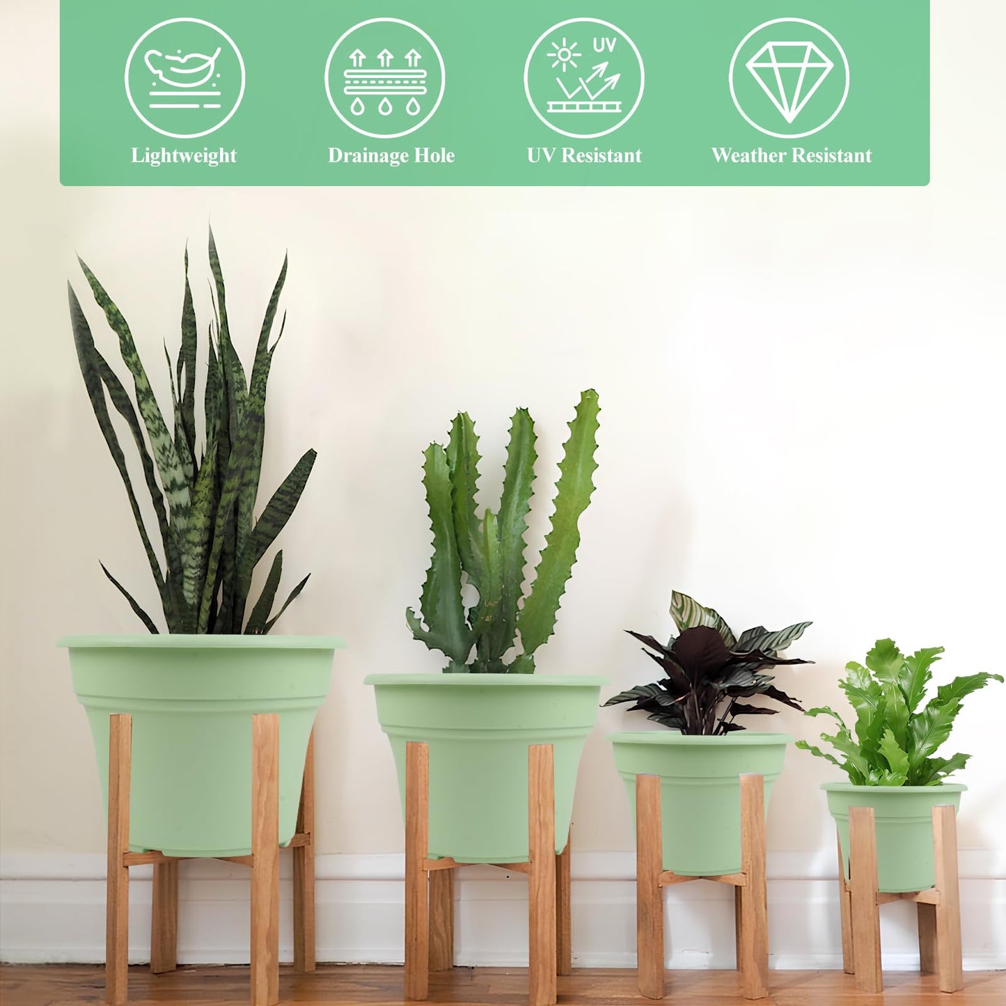 Pottiffe 13 Inch Plastic-Flower-Pot-for-Indoor-Plants, 4 Pack Large Outdoor Planter Pot with Drainage Holes & Saucers, Resin Decorative Garden Pots Planters