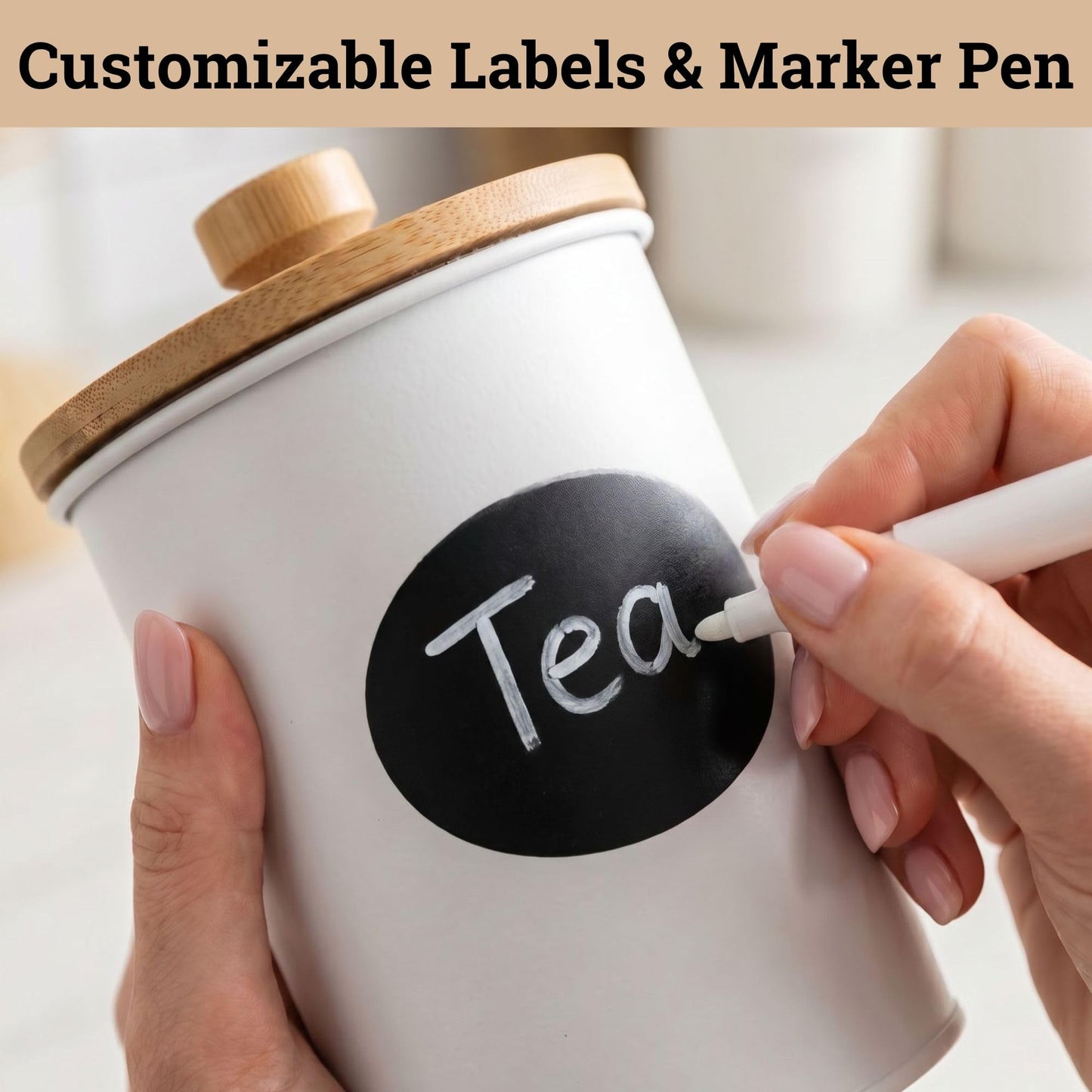 Kitchen Canisters for Countertop Set of 4 with Customizable Chalkboard Labels & Marker Pen - Big Iron Kitchen Canisters with Airtight Lids - White Canister Set - Flour and Sugar Containers Farmhouse