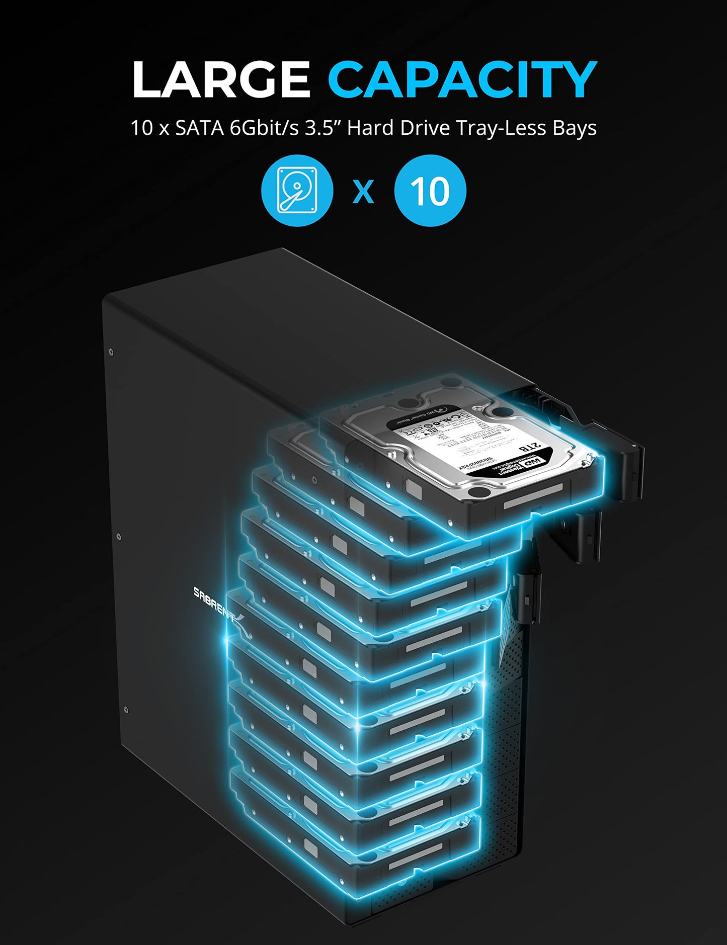 SABRENT 10-Bay USB 3.2 Gen 2 SATA Docking Station for 3.5” HDD/SSD, 10 Gbps USB-C DAS, Tray-Less Hot-Swap, Aluminum Enclosure, Dual Cooling Fans, Individual Power Switches, No RAID (DS-UCTB)