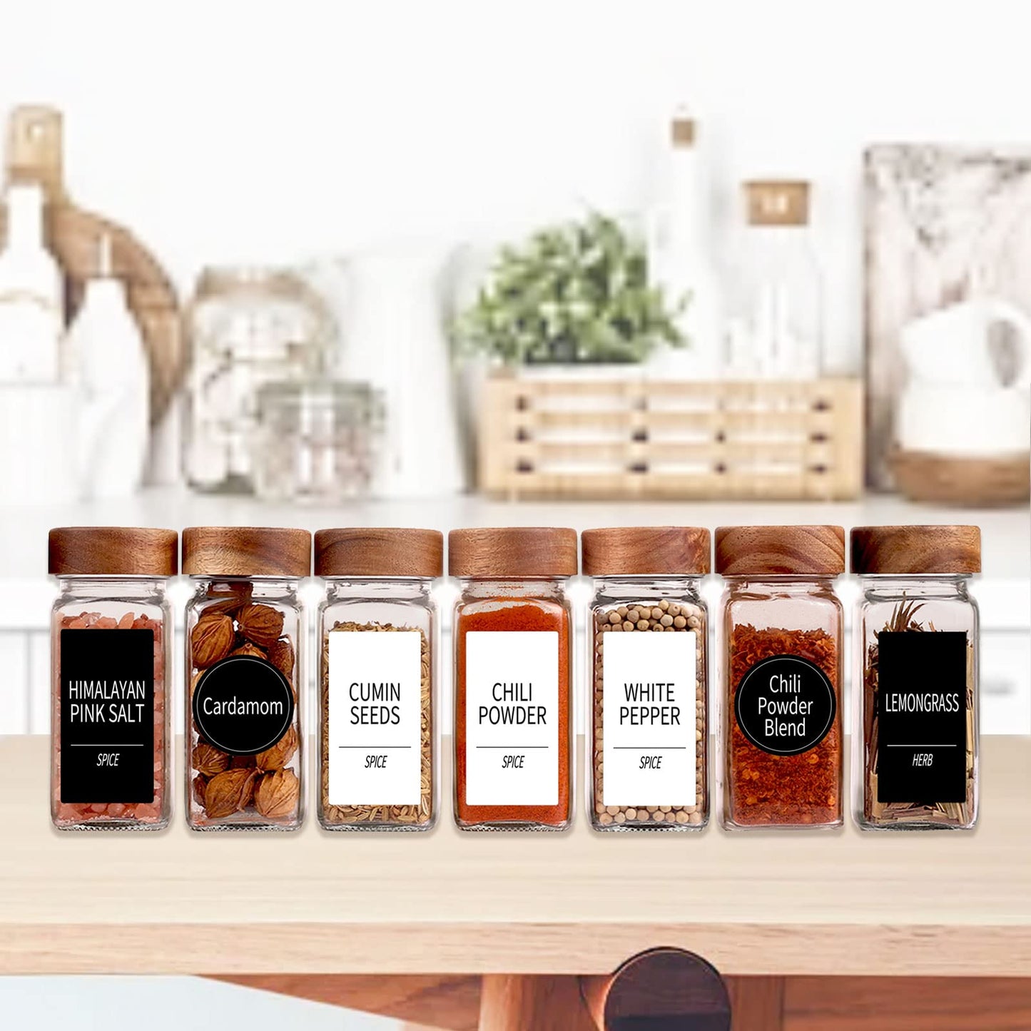 Churboro 48 Spice Jars with 547 Labels and Shaker Lids - Glass - 4 Oz Square Containers with Acacia Wood Lids, Chalk Pen, Funnel Seasoning Jars for Spice Rack, Cabinet, or Drawer
