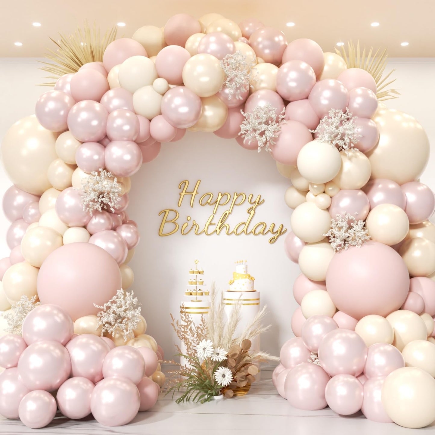 PTGOLUO Boho Dusty Pink Balloon Arch Garland Kit 153pcs, Double Stuffed White Pearl Balloon Blush Neutral Pink Balloons Arch Kit for Birthday Wedding Bridal Baby Shower Gender Reveal Party Decoration