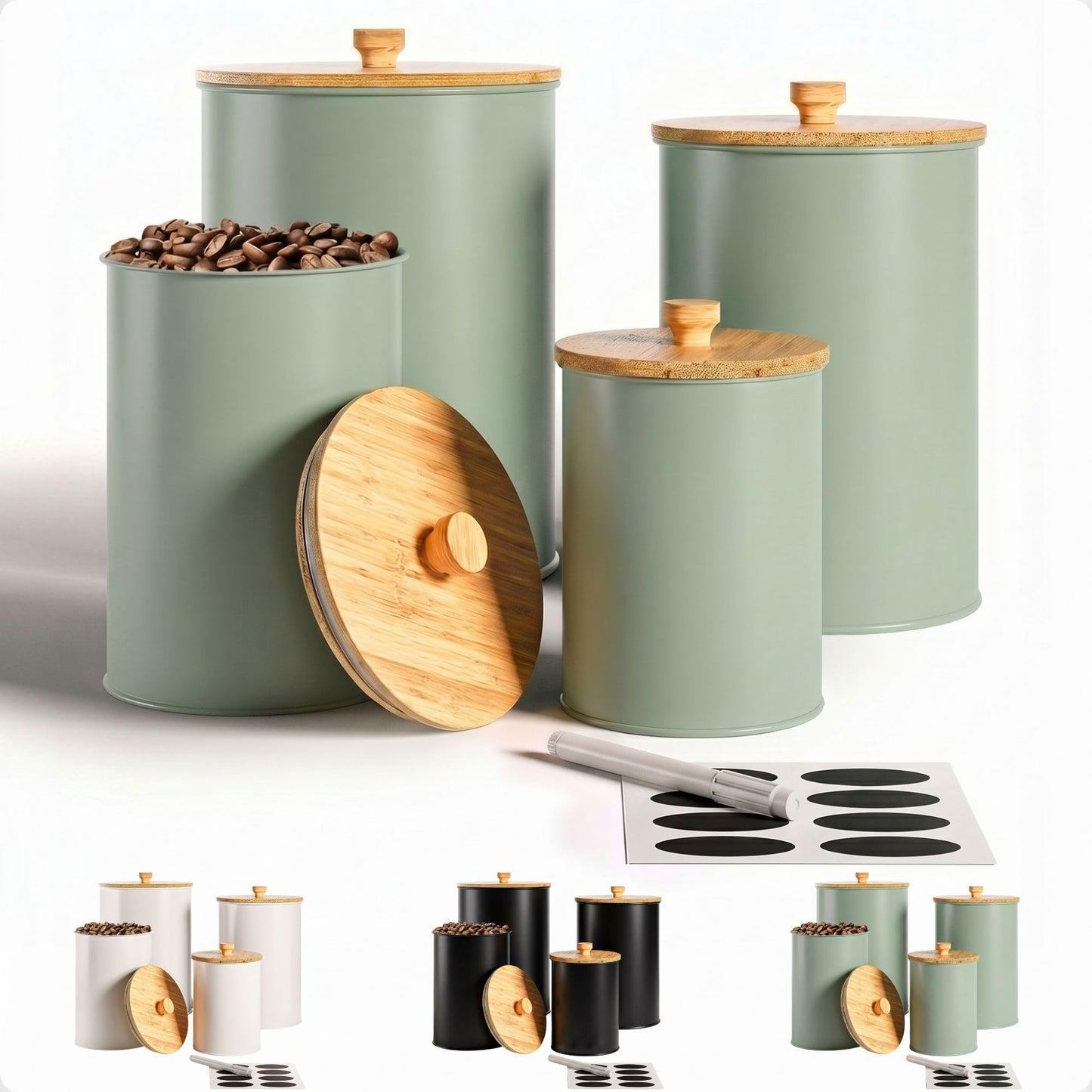 Kitchen Canisters for Countertop Set of 4 with Customizable Chalkboard Labels & Marker Pen - Big Iron Kitchen Canisters with Airtight Lids - Sage Green Canister Set - Flour and Sugar Containers