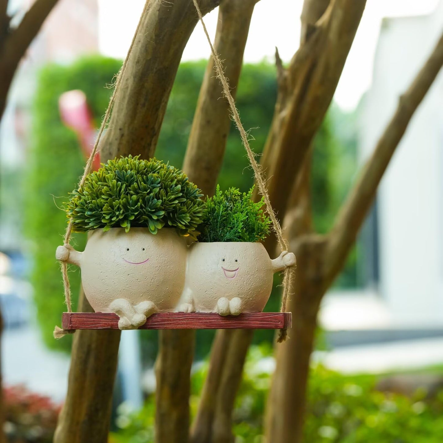 SeoatLink Double Head Flower Pot, Smiley Face Hanging Planter Pots, Cute Swinging Planters with Drainage, Unique Succulent Flower Pot Suitable for Indoor and Outdoor Decoration Khaki
