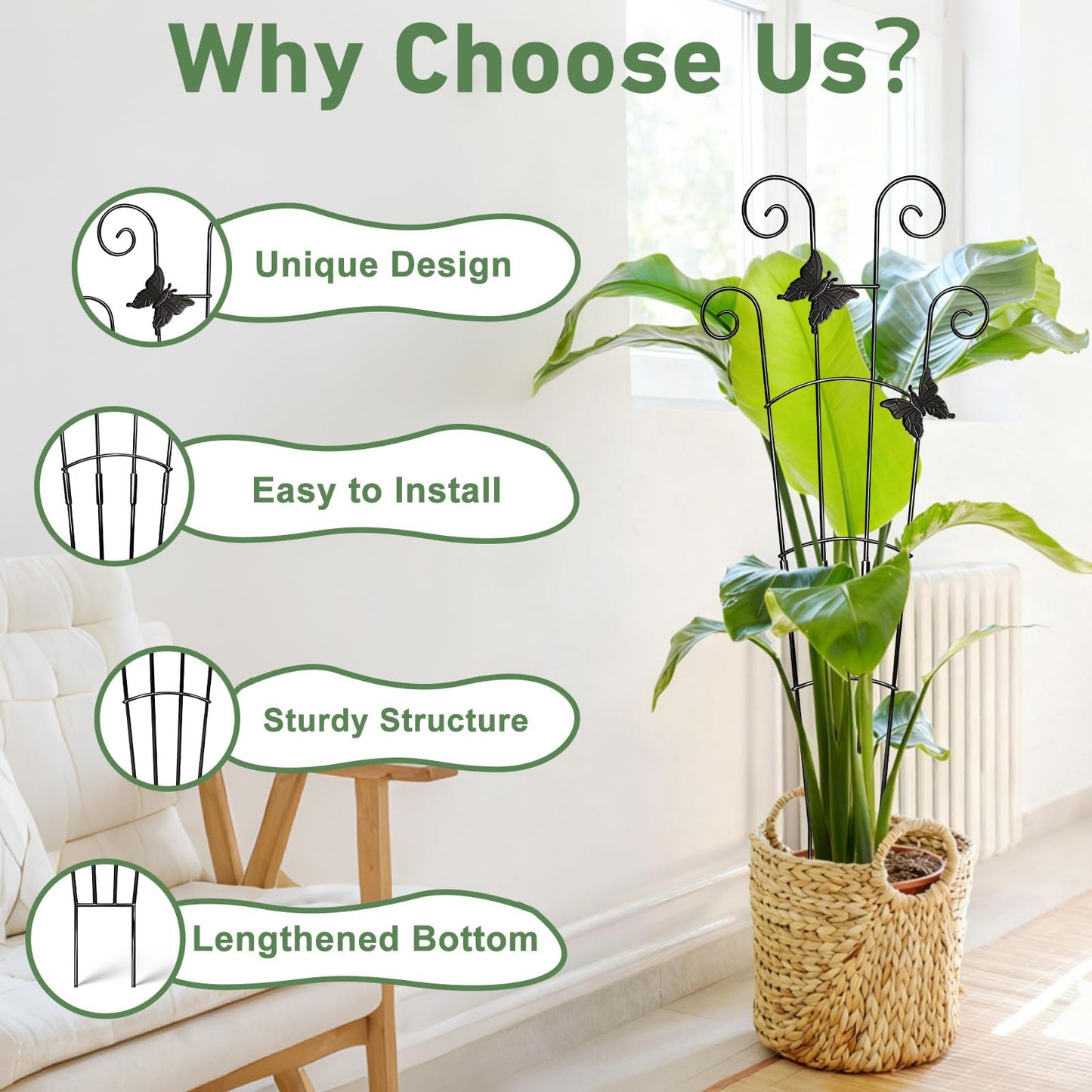 Xeeol 30'' Larger Plant Trellis with Ties Indoor, Expandable Metal Trellis for Climbing Plants Indoor, House Plant Climbing Support for Flowers Vine Ivy Monstera Hoya Pothos, 2P