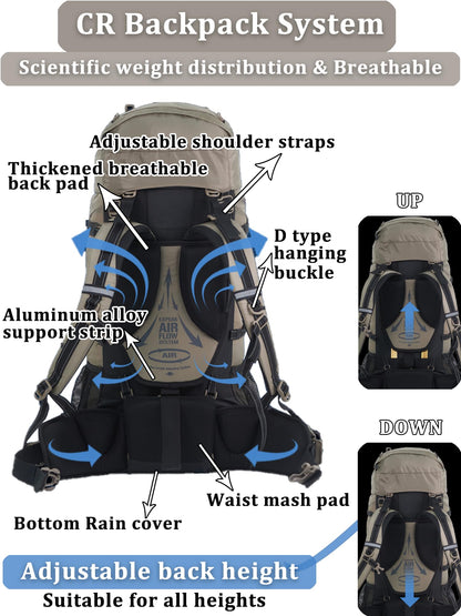 Naturehike 70+5L Hiking Backpack with Rain cover, Waterproof Lightweight Camping Backpack for Men & Women, Travel(Brown)