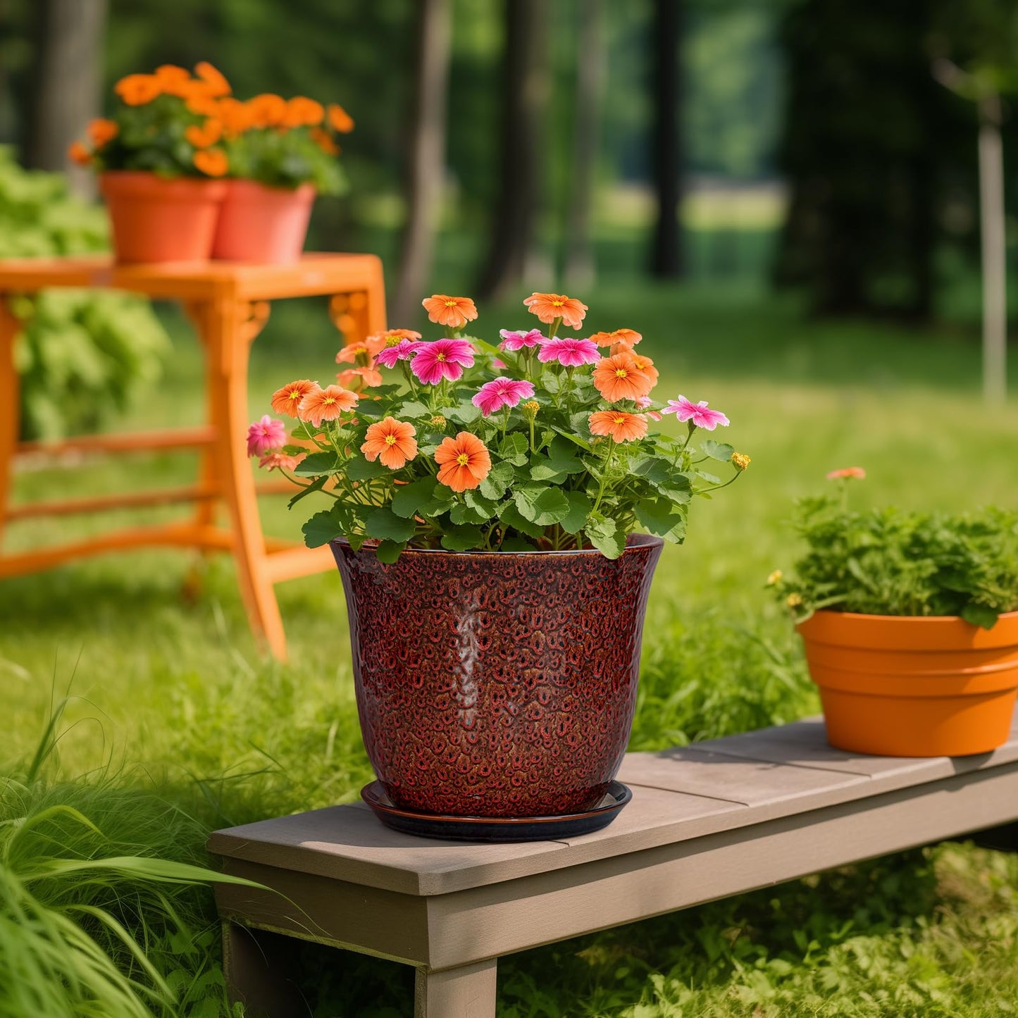 SUNPOTFOR 10 Inch Plant Pot - Ceramic Pots for Plants with Drainage Hole and Saucer, Round Flower Pot for Indoor Outdoor, Modern Ceramic Planter, Garden Room Home Decor, House Warming Gifts, Red