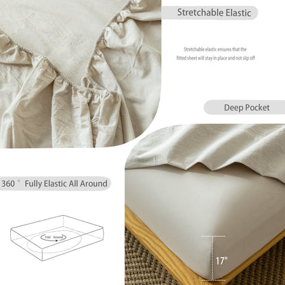 MooMee Fitted Bottom Sheet Only 100% Washed Cotton Linen Like Textured Breathable Durable Soft Comfy Deep Pocket Fits Mattress up to 17" (Cream Grey, Queen)