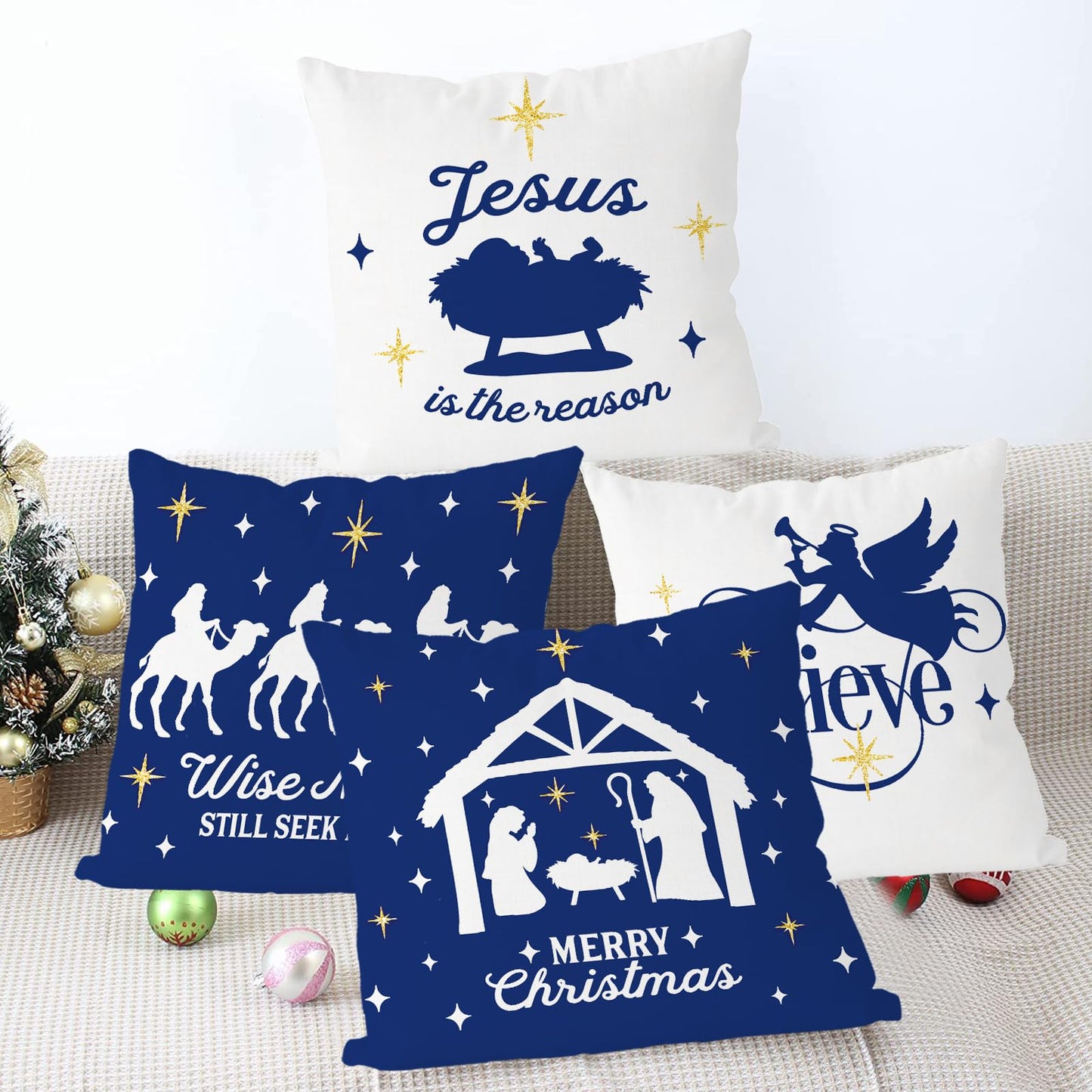 GAGEC Christmas Pillow Covers 18x18 Inch Set of 4 Nativity Religious Pillow Case Blue and White Christmas Xmas Winter Home Decor Living Room House Decorative Cushion Case for Sofa Couch